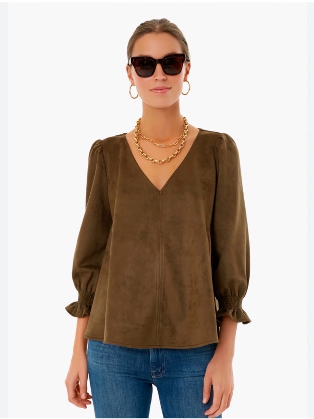 Tuckernuck Easton Suede Blouse Top in Olive Brown size S